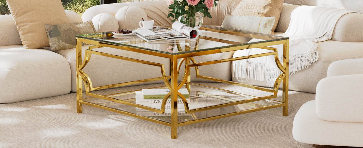 Square Tempered Glass Coffee Table With Gold Frame - Sleep Galleria