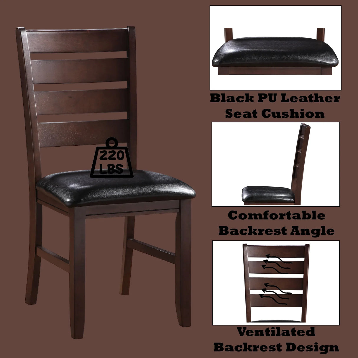 Set of 2 Black Synthetic Leather Cherry Finish Side Chairs - Omega Lifestyles