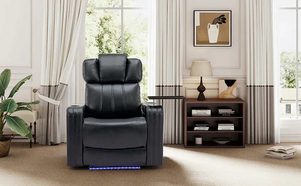 Blue PU Leather Power Recliner Chair With Cooling Cup Holder - Omega Lifestyles