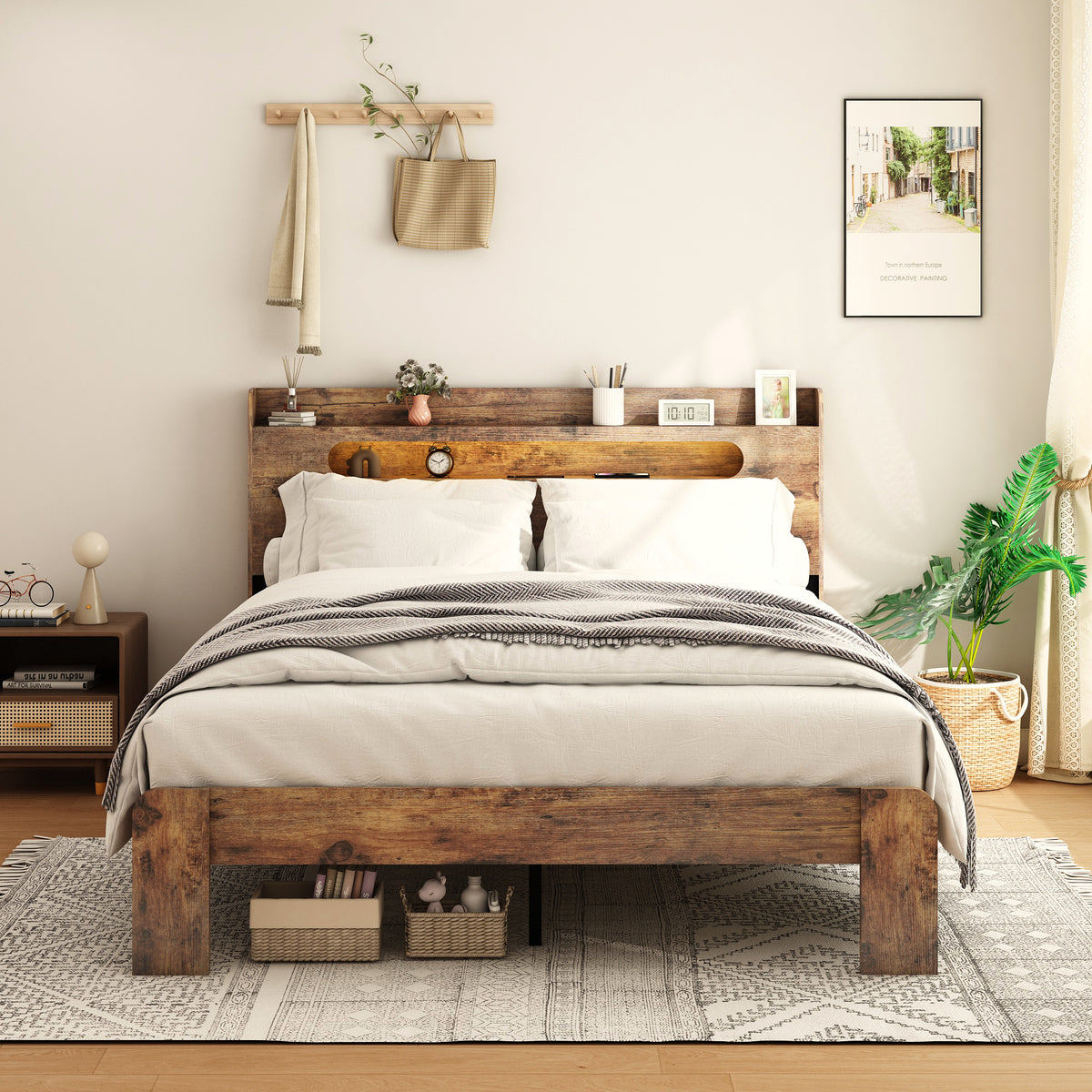 King Wood Platform Bed Frame With Storage USB Charging