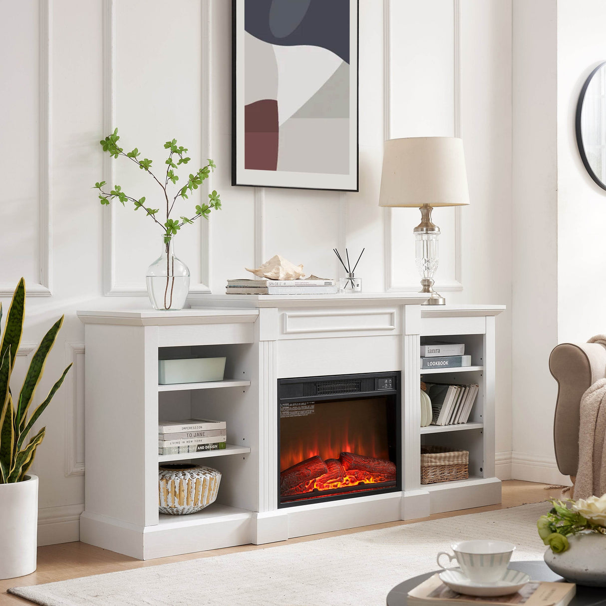 White Media Console Table With Fireplace Insert - Sleep Galleria