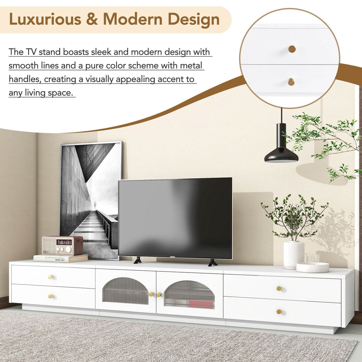 Modern White Particle Board TV Stand With Drawers - Sleep Galleria