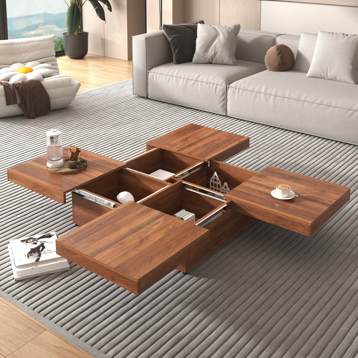 Square Walnut Veneer Coffee Table With Sliding Storage - Sleep Galleria