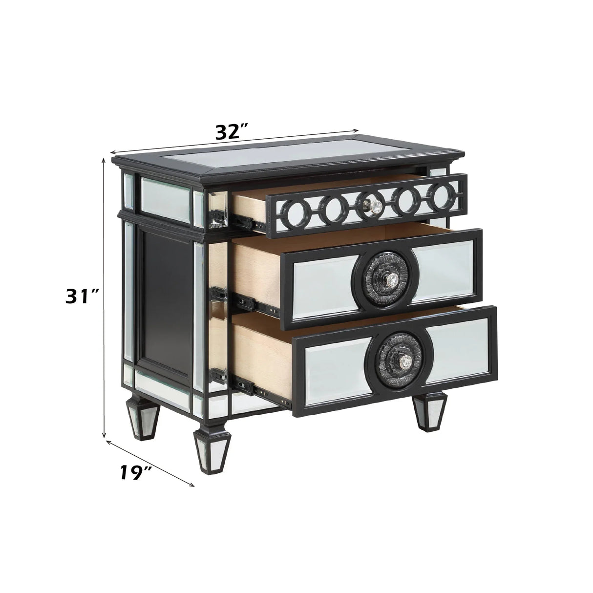 Mirrored Black Silver Finish Two-Drawer Nightstand - Omega Lifestyles