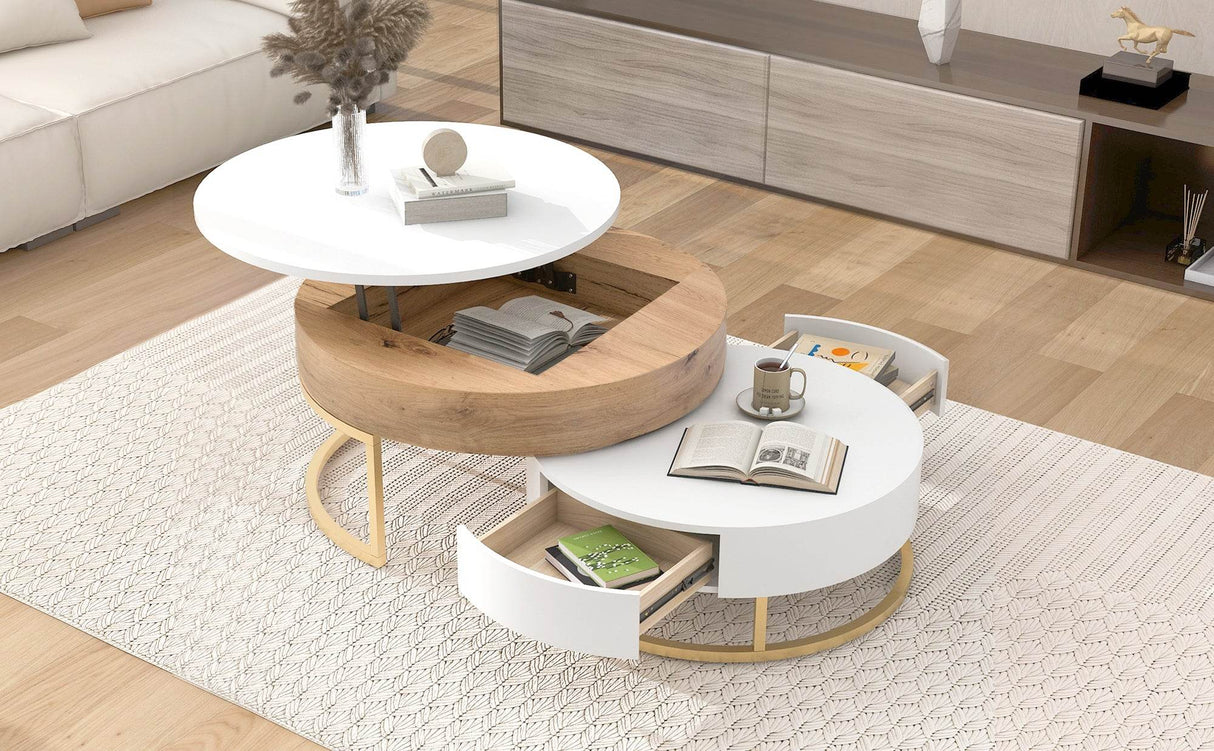 Modern Round Lift-Top Nesting Coffee Tables With Drawers - Sleep Galleria