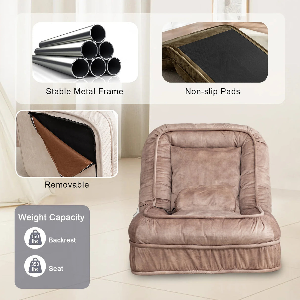 Adjustable Velvet Upholstered Massage Floor Sofa With Pillow - Omega Lifestyles