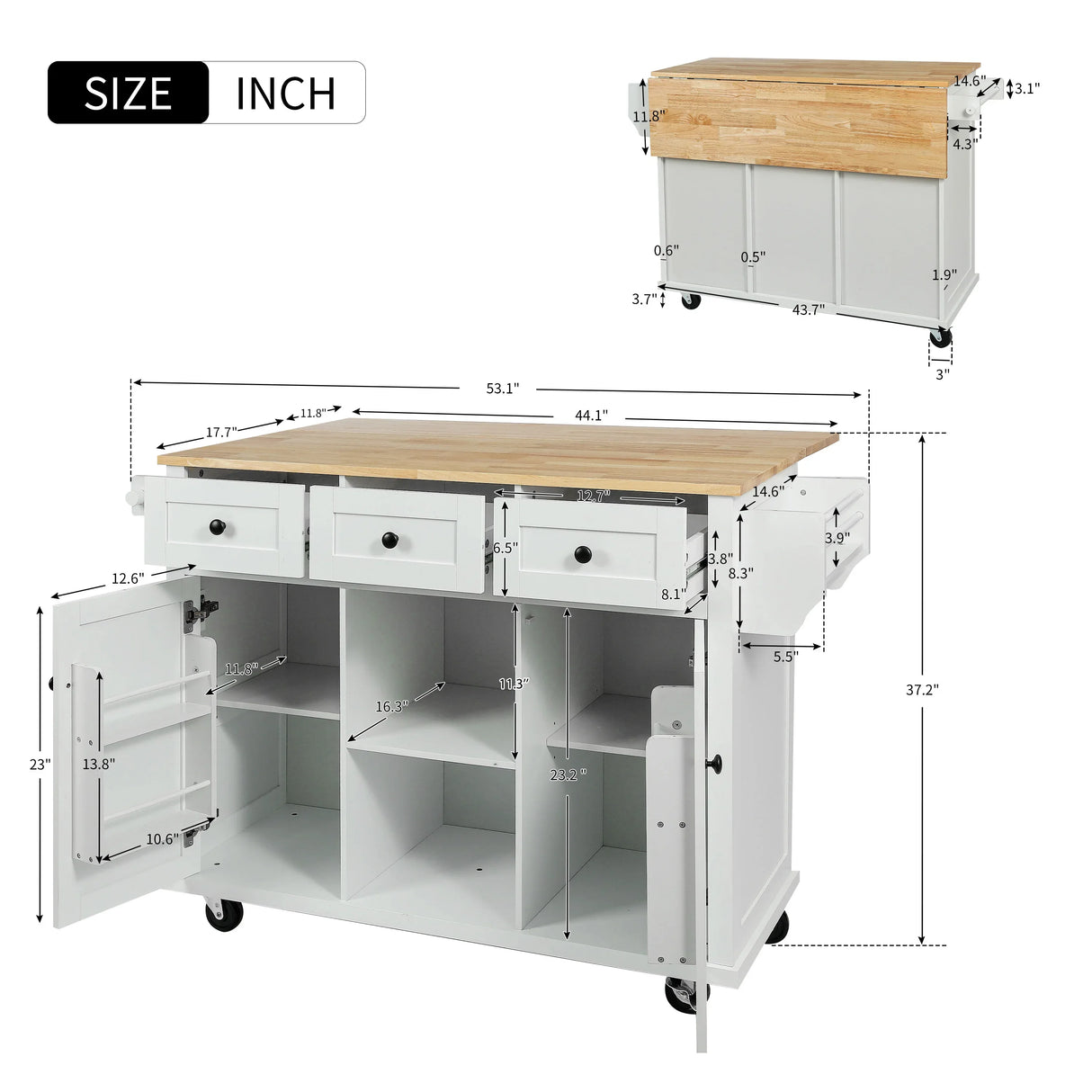 Kitchen Cart With Rubber Wood Drop-Leaf Countertop Storage - Omega Lifestyles
