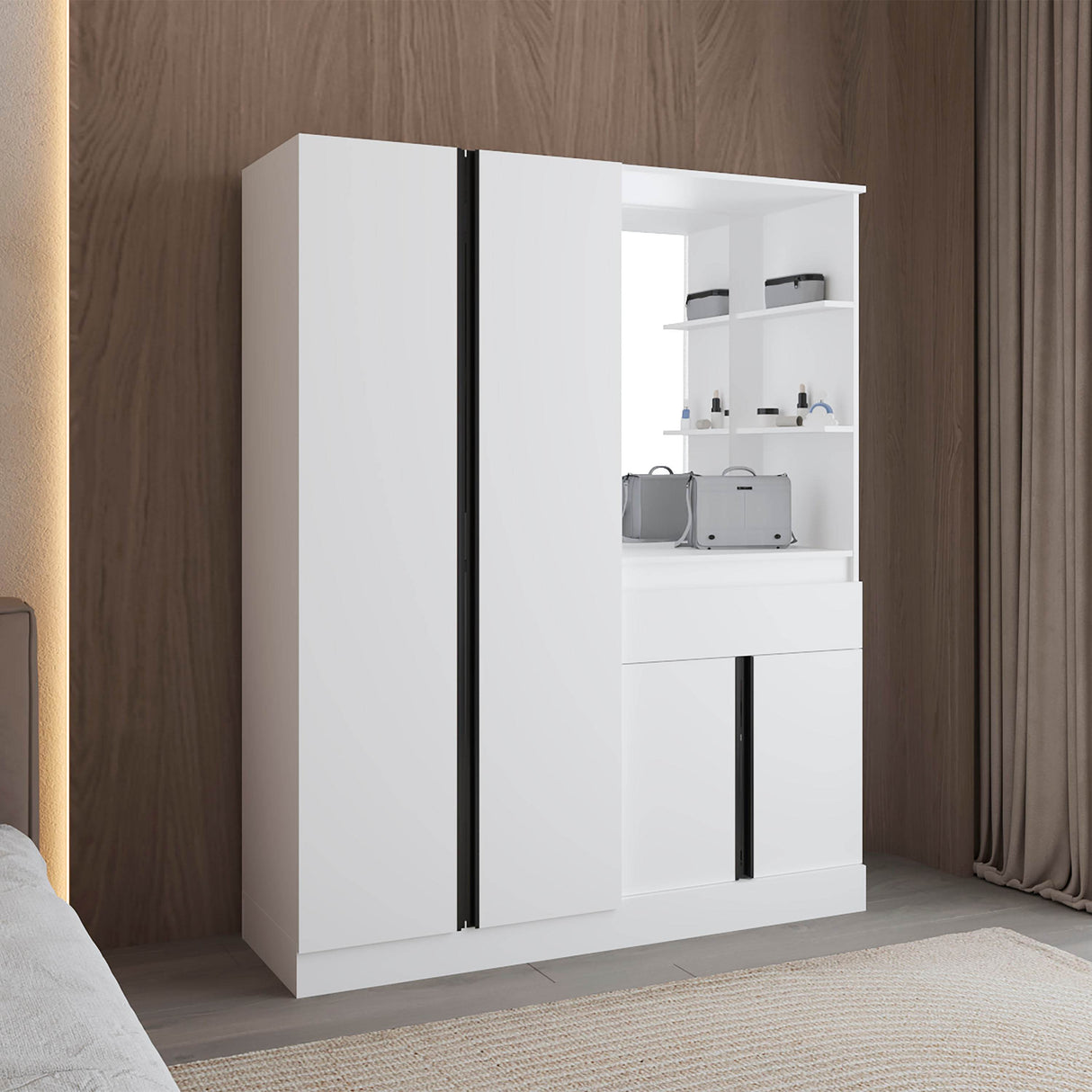 Modern White MDF Armoire With Double Doors and Shelving