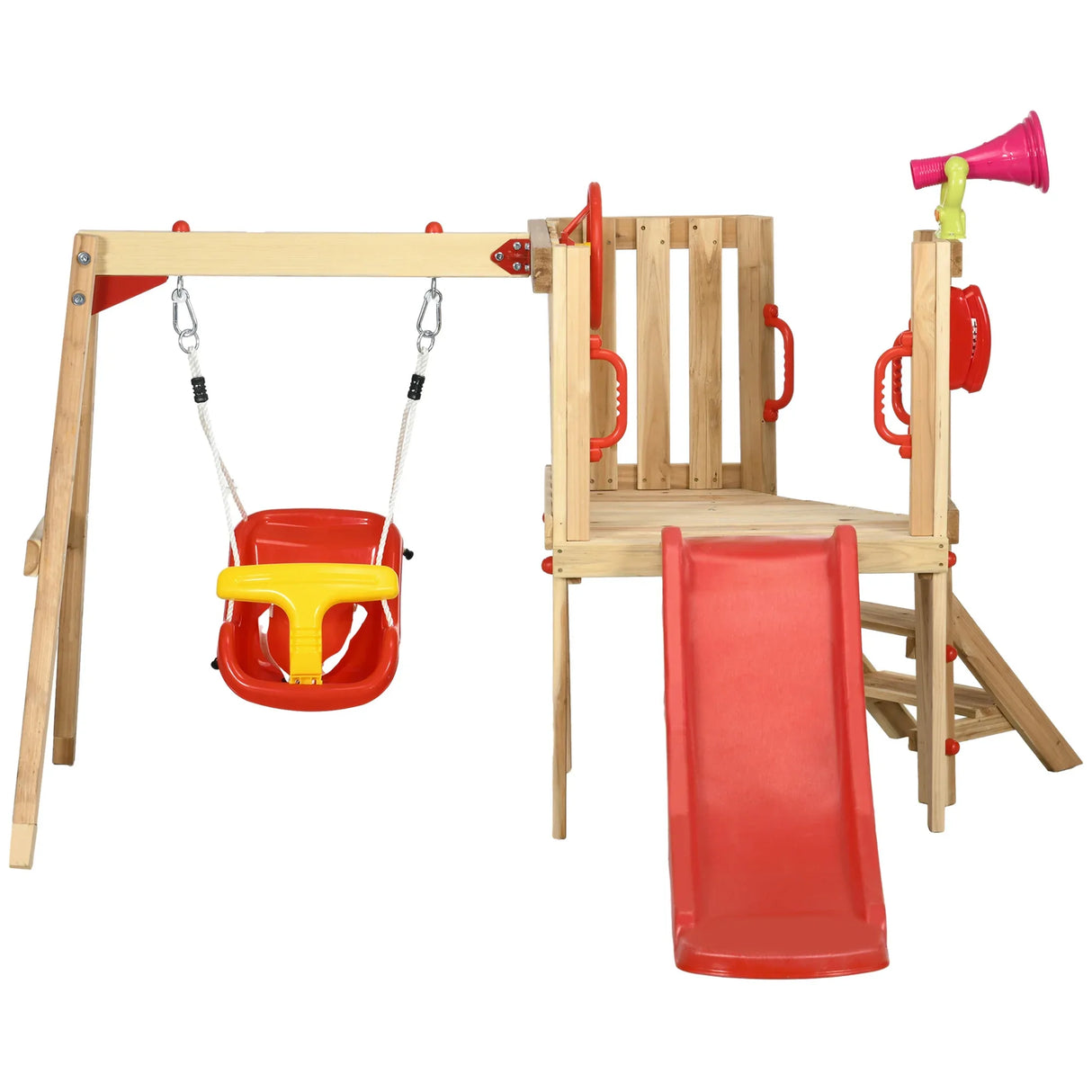 Wooden 4-in-1 Kids Swing Set With Slide And Horn - Omega Lifestyles