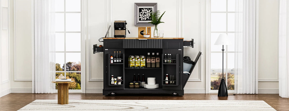 Fluted Rubber Wood Kitchen Island With Trash Can Cabinet - Omega Lifestyles