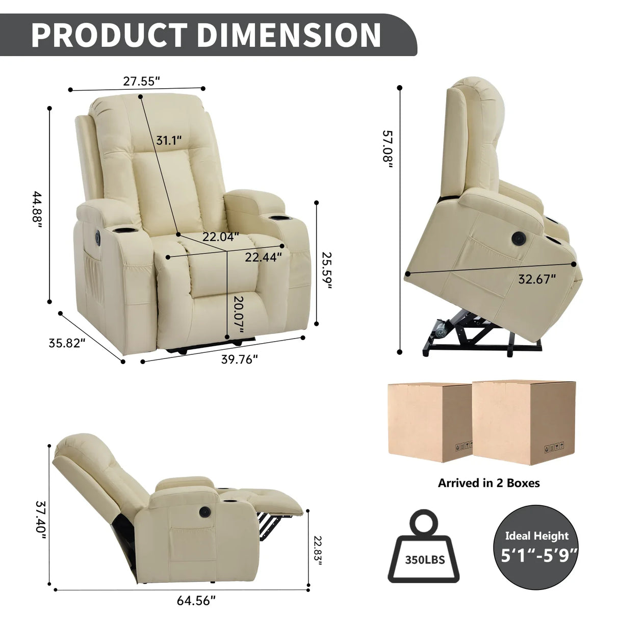 Beige PU Leather Power Lift Massage Recliner Chair - Omega Lifestyles