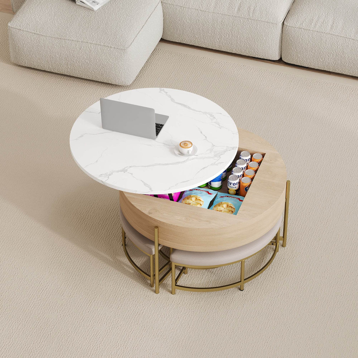 Modern Round Lift-Top Coffee Table With Storage And Ottomans - Sleep Galleria