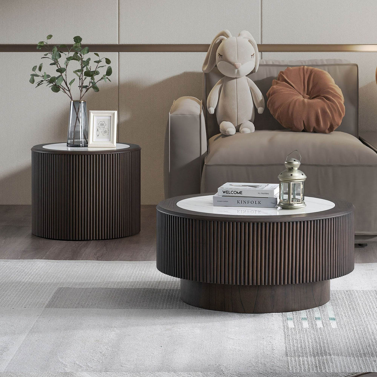 Modern Round Pedestal Coffee Table Set With Faux Marble - Sleep Galleria