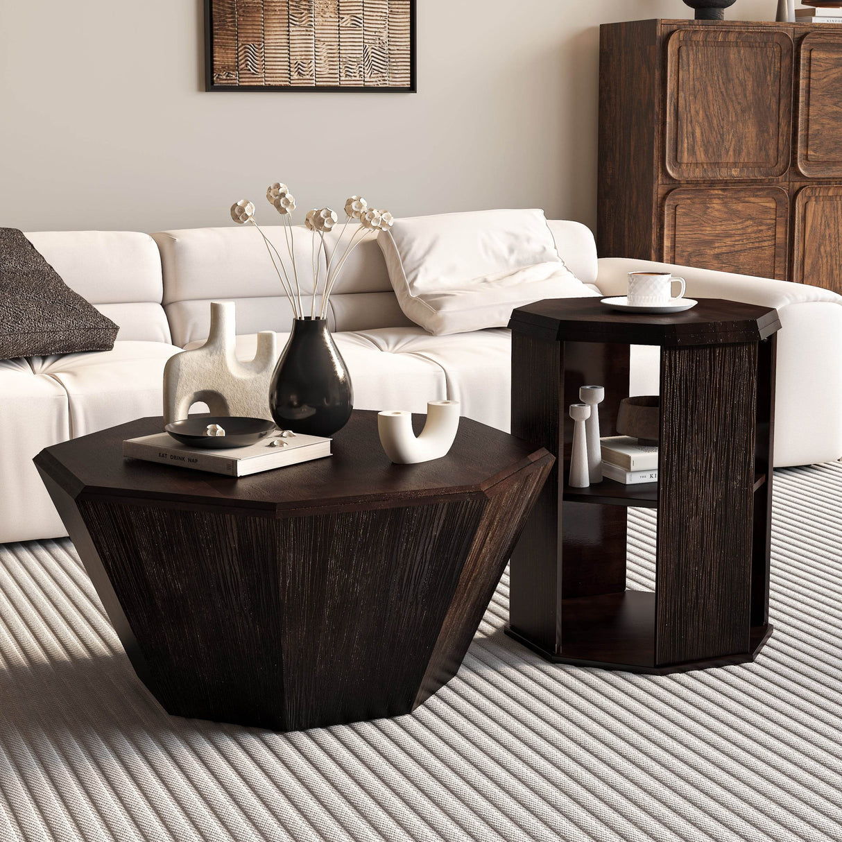 2-Piece Octagonal Black Walnut Rubber Wood Coffee Tables - Sleep Galleria