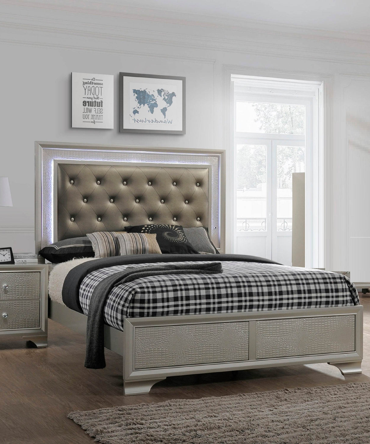Modern Glam Champagne Crocodile Skin Upholstered Panel Bed