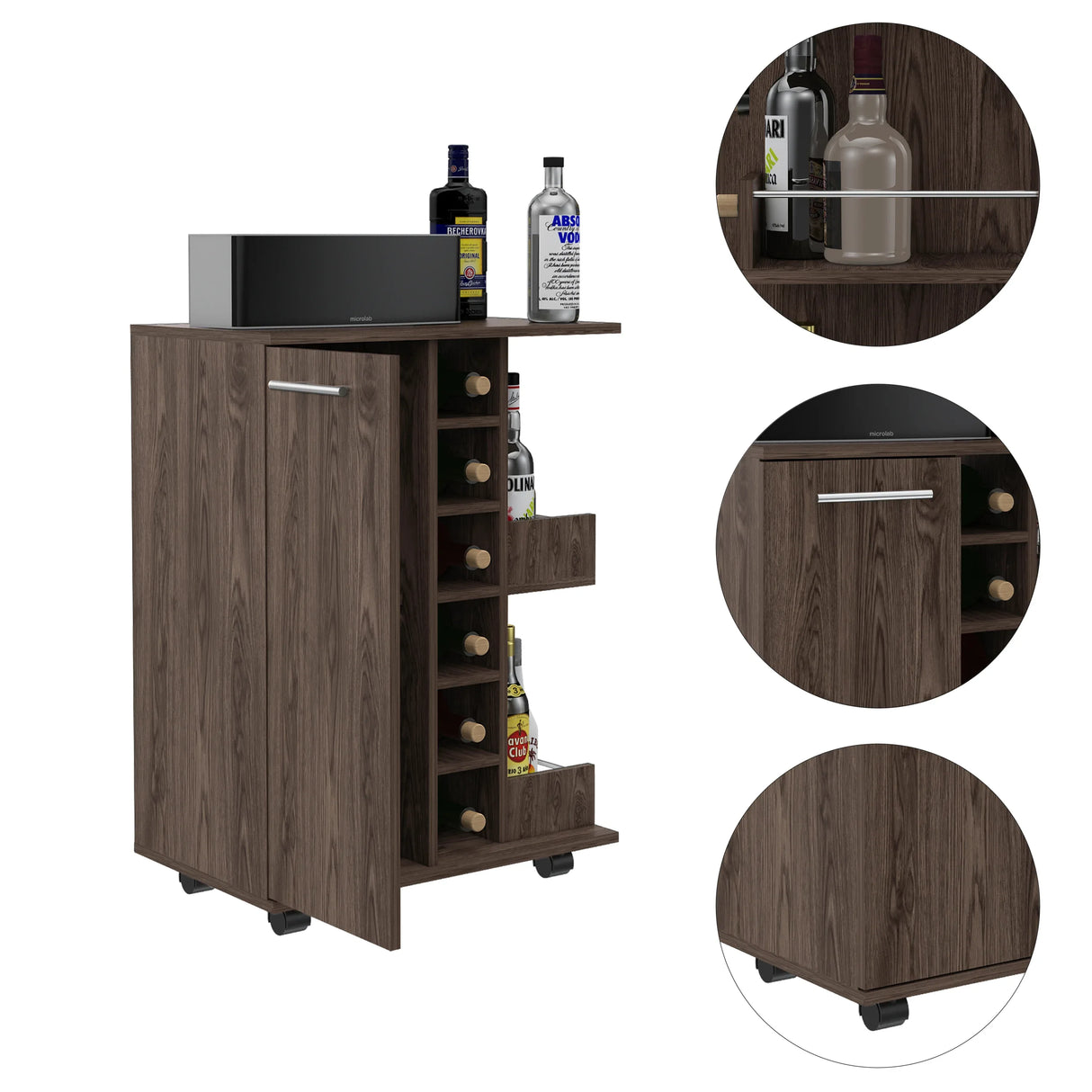 Brown Particle Board Bar Cart With Casters And Shelves - Omega Lifestyles