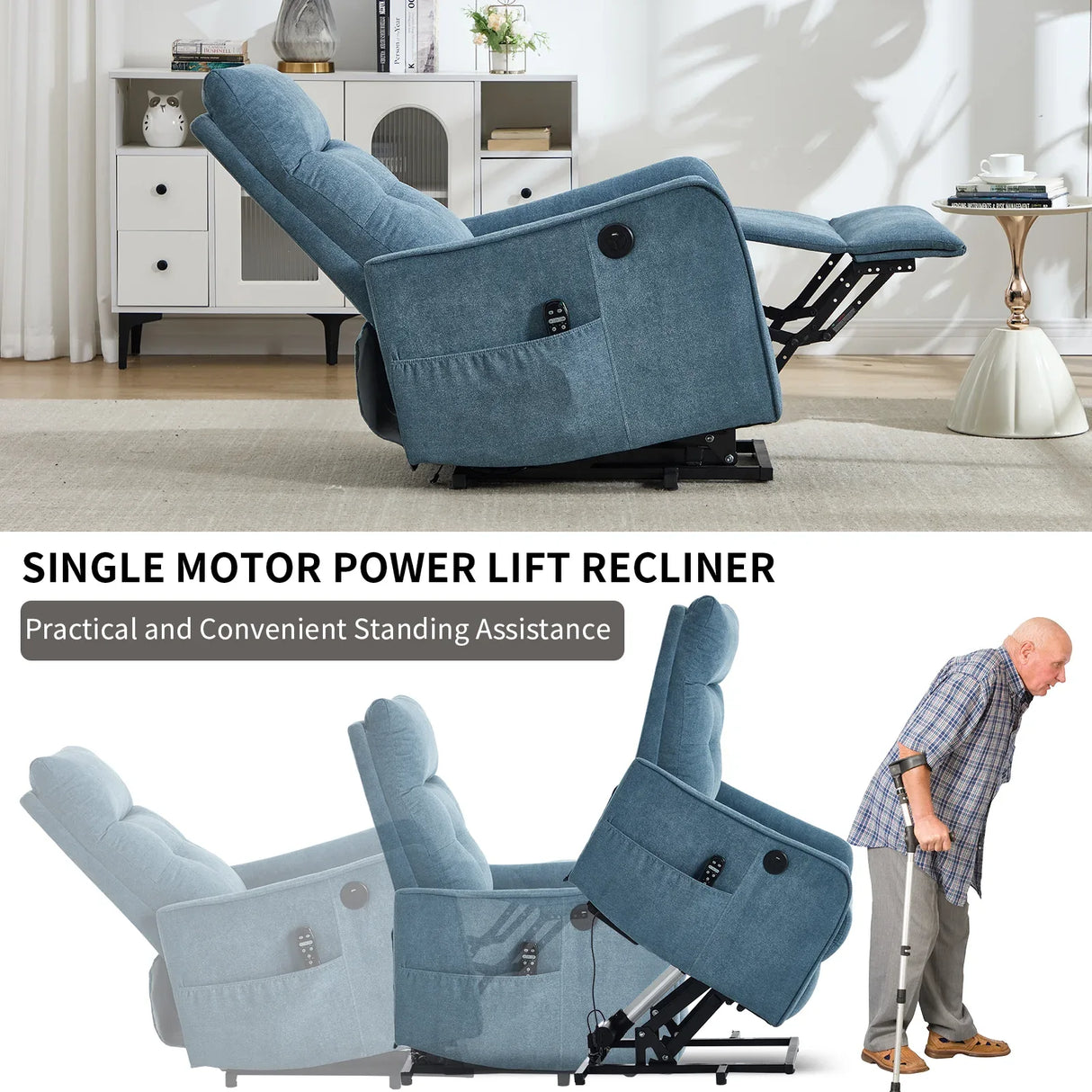 Blue Chenille Medium-Firm Power Lift Massage Recliner Chair - Omega Lifestyles