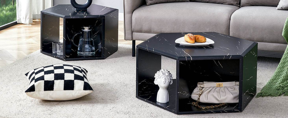 Set Of 2 Modern Minimalist Black Hexagonal Coffee Tables - Sleep Galleria