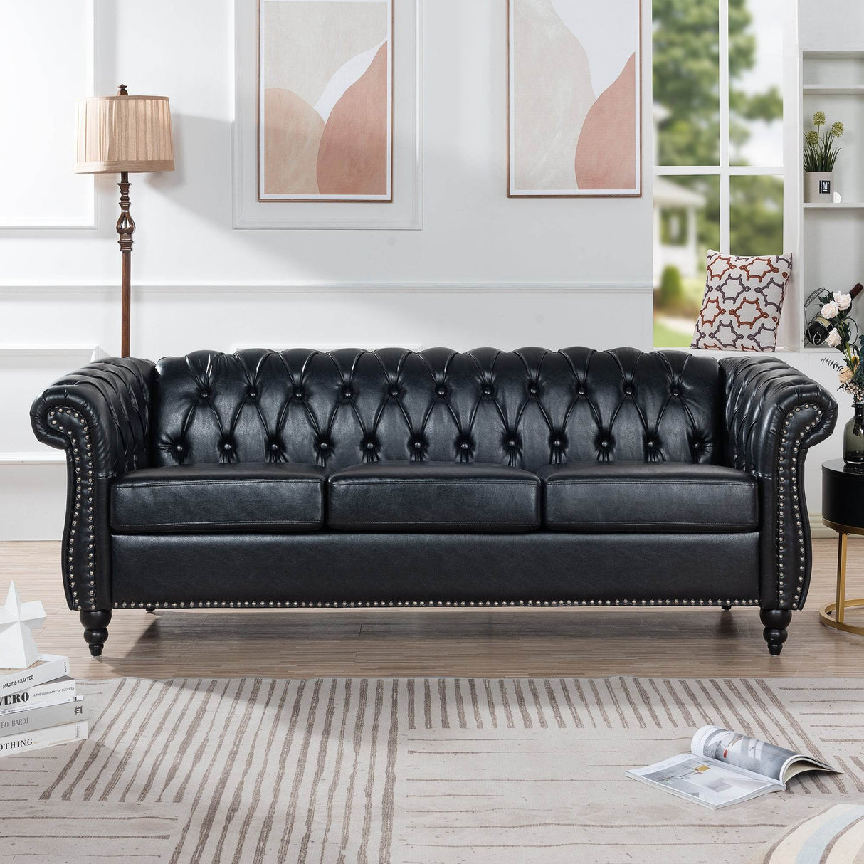 Chesterfield Three Seater Sofa With Soft PU Leather Upholstery - Omega Lifestyles