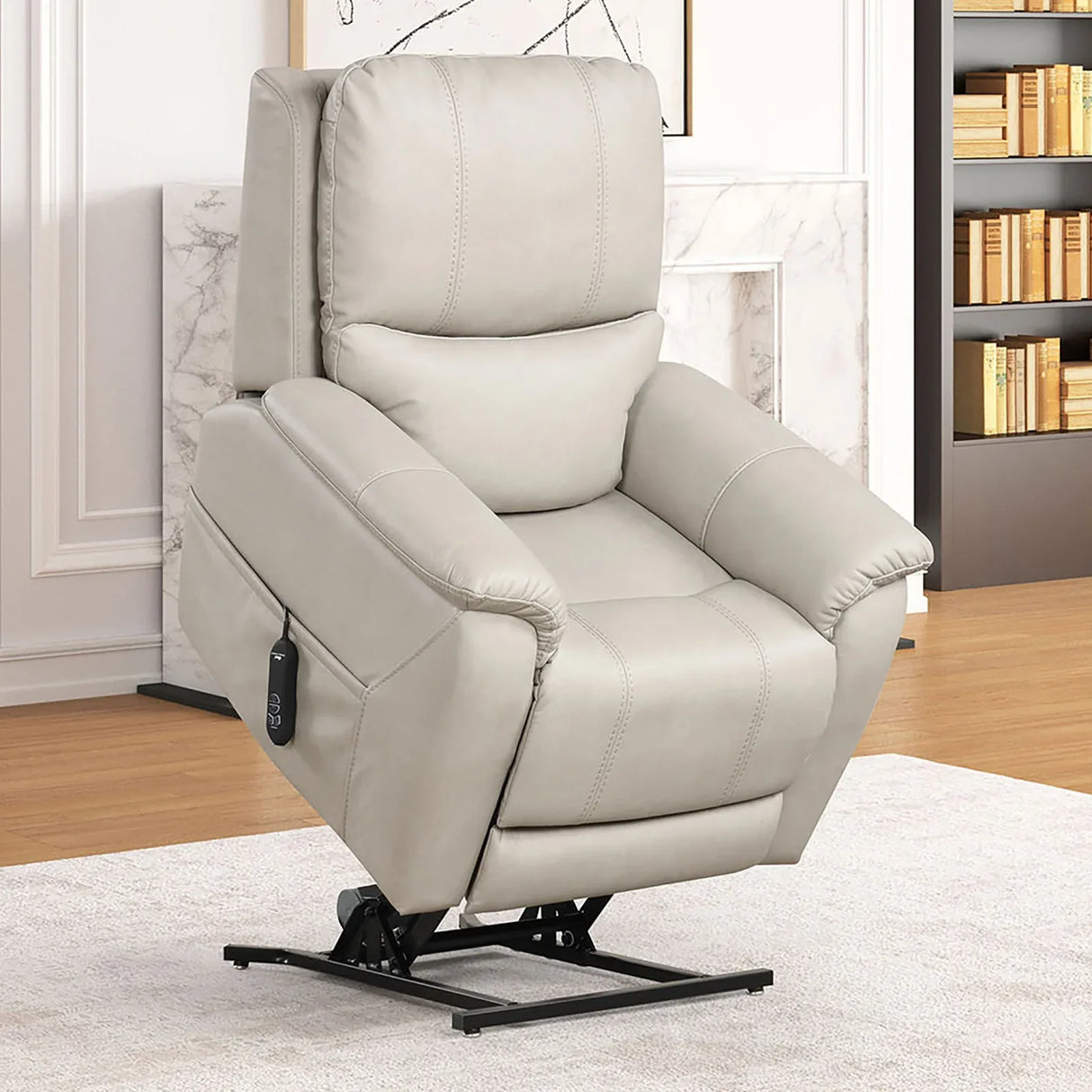 Contemporary Style Lift Chair Aesthetic Design Saddle Arms Wired Controller USB Port Steel Seat Box Light Gray Finish - Omega Lifestyles