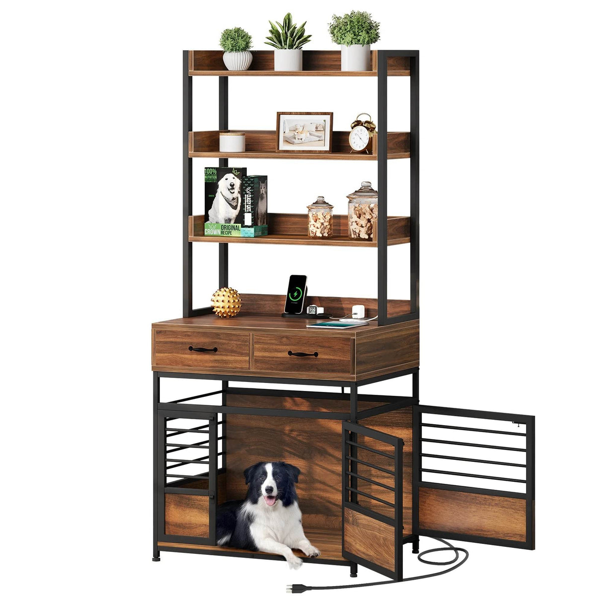 Heavy Duty Pet Cat Dog Crate Furniture with 4 Storage Shelves and 2 Drawers & Charging Station, Cat Litter Box Enclosure Dog Kennel Indoor Furniture - Brown