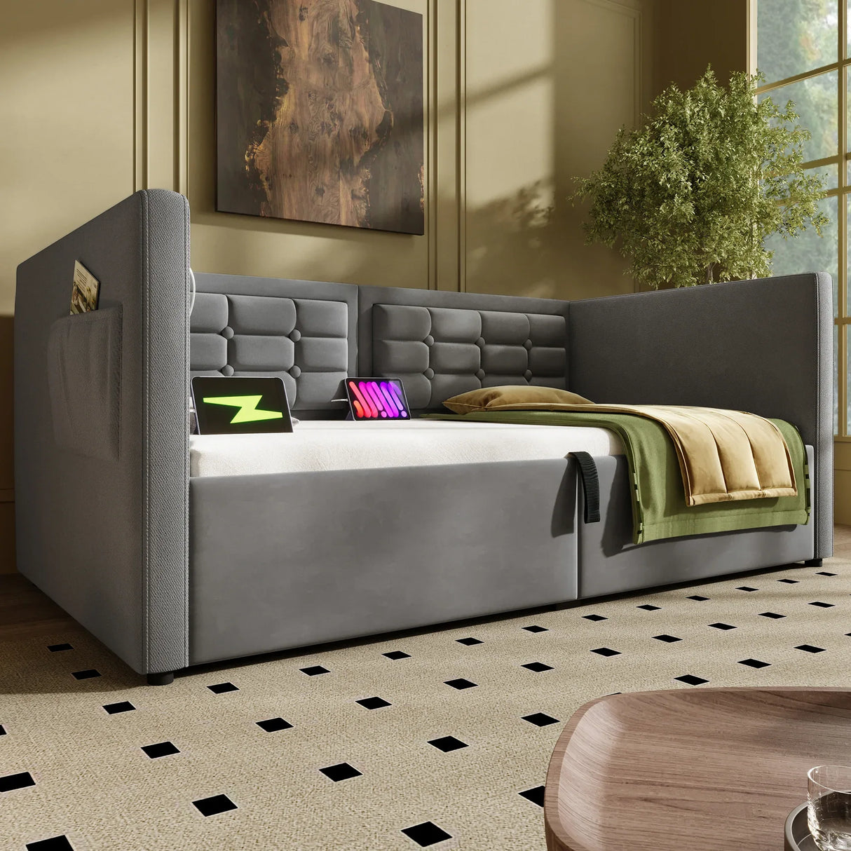 Twin Gray Velvet Upholstered Hydraulic Storage Daybed With USB Charging - Omega Lifestyles