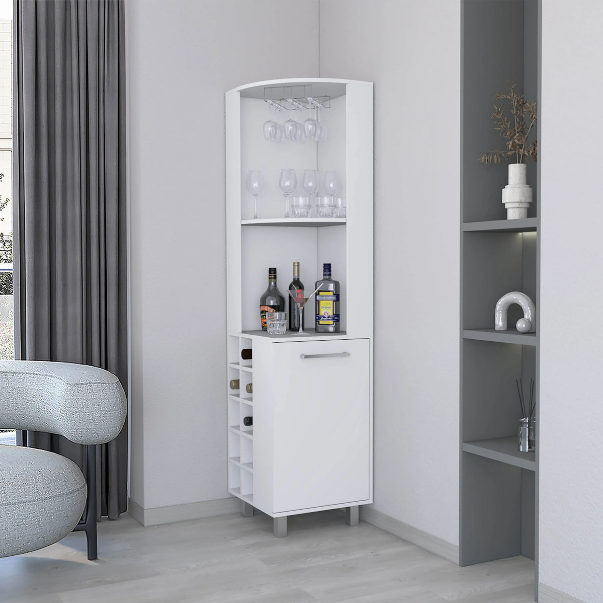 Modern White Corner Bar Cabinet With Wine Rack Storage - Omega Lifestyles