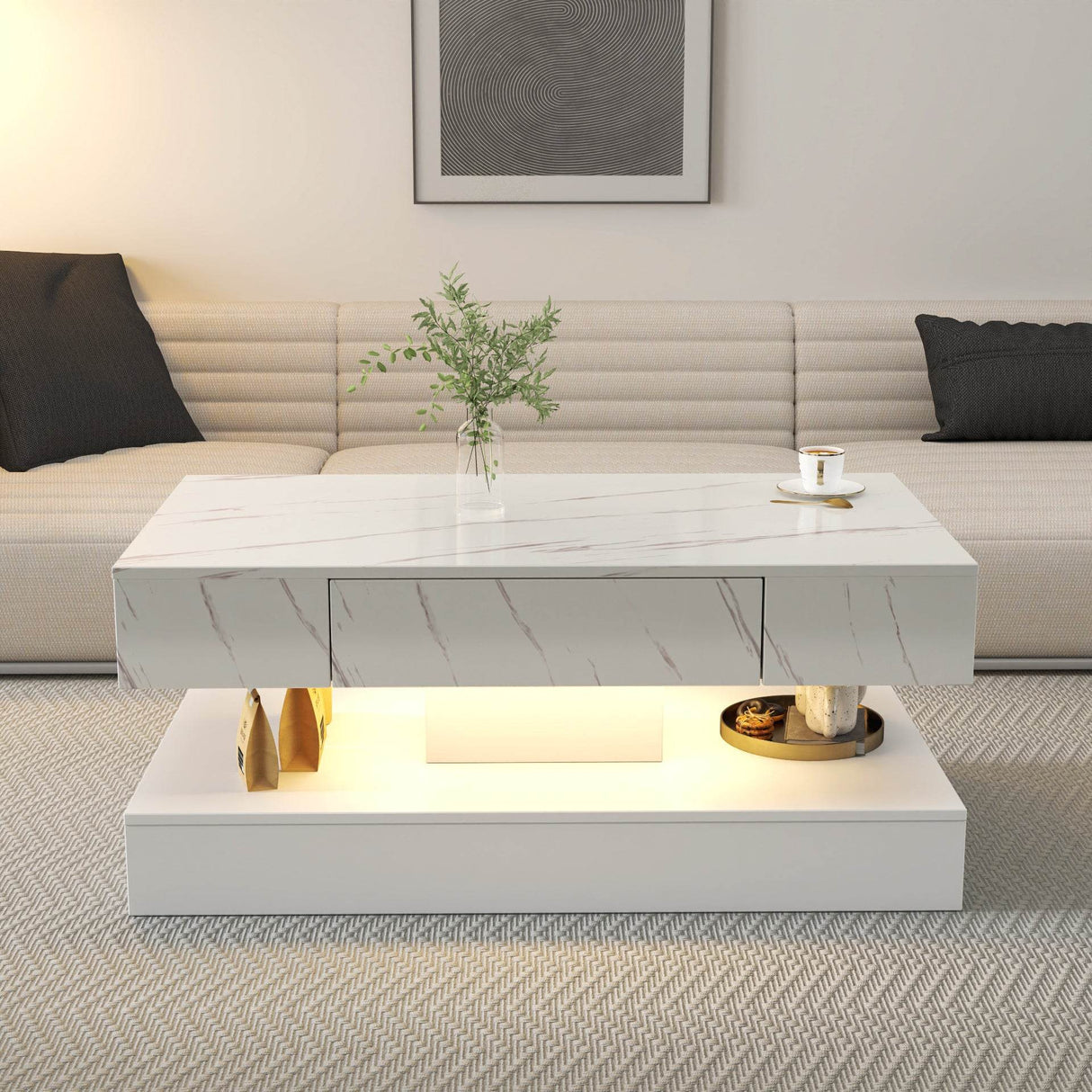Modern LED Coffee Table With Storage Drawer and Lights - Sleep Galleria
