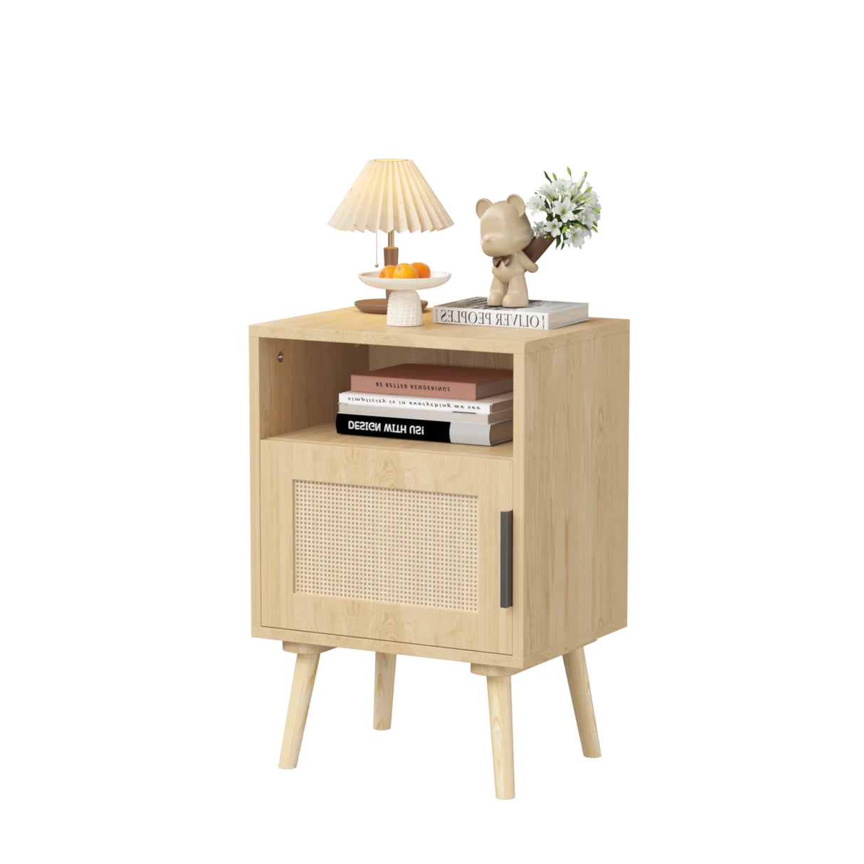 Oak Rattan Bedroom Nightstand With Solid Wood Legs - Omega Lifestyles