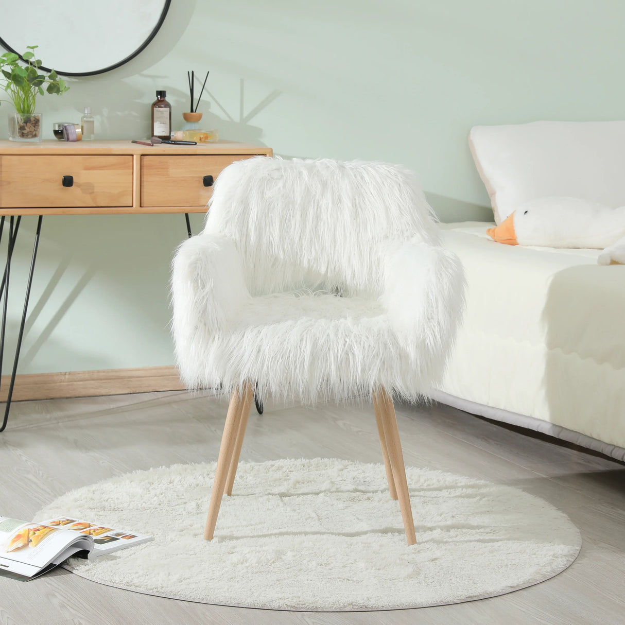 White Faux Fur Upholstered Side Dining Chair With Metal Legs - Omega Lifestyles