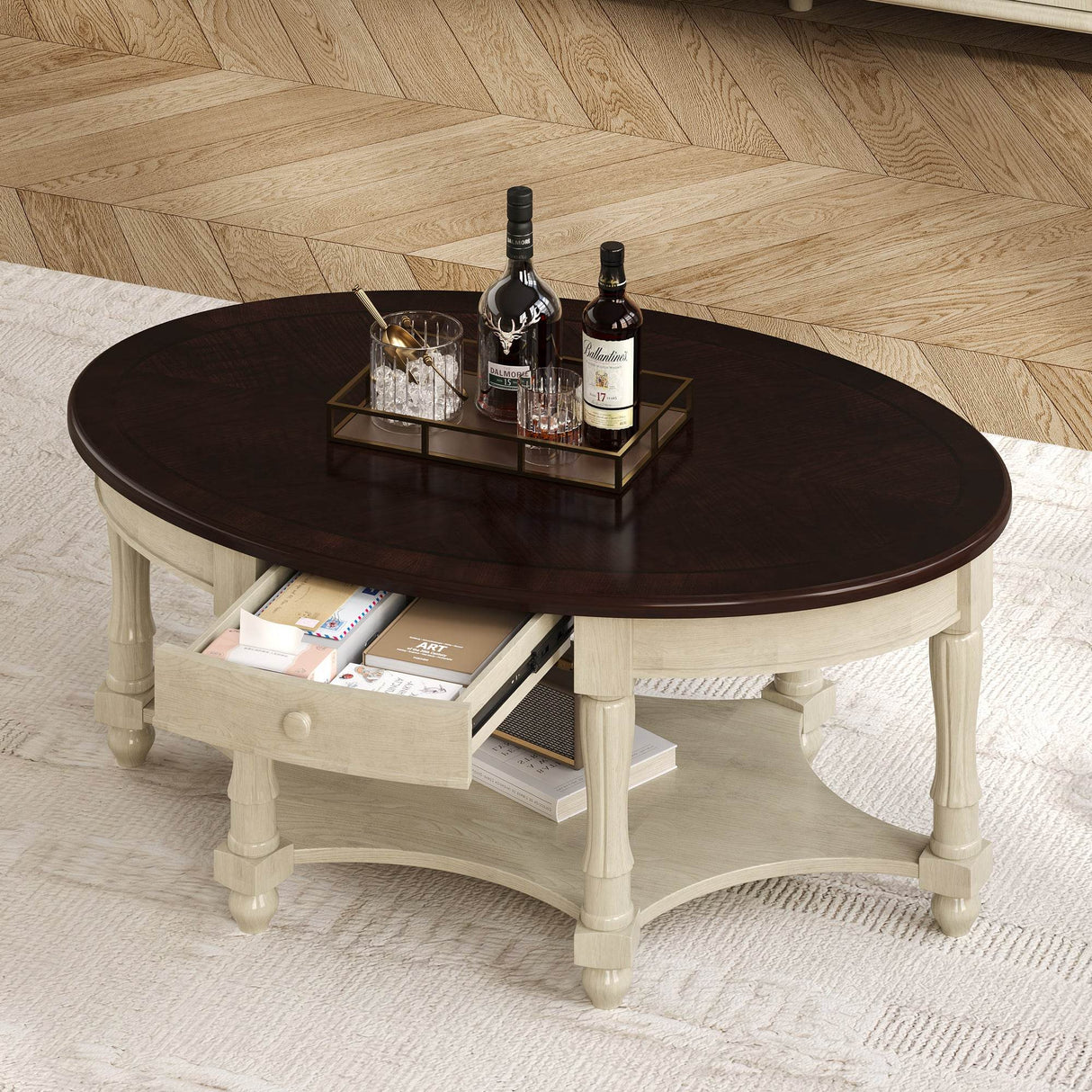 Vintage Oval Coffee Table With Drawer And Storage Shelf - Sleep Galleria