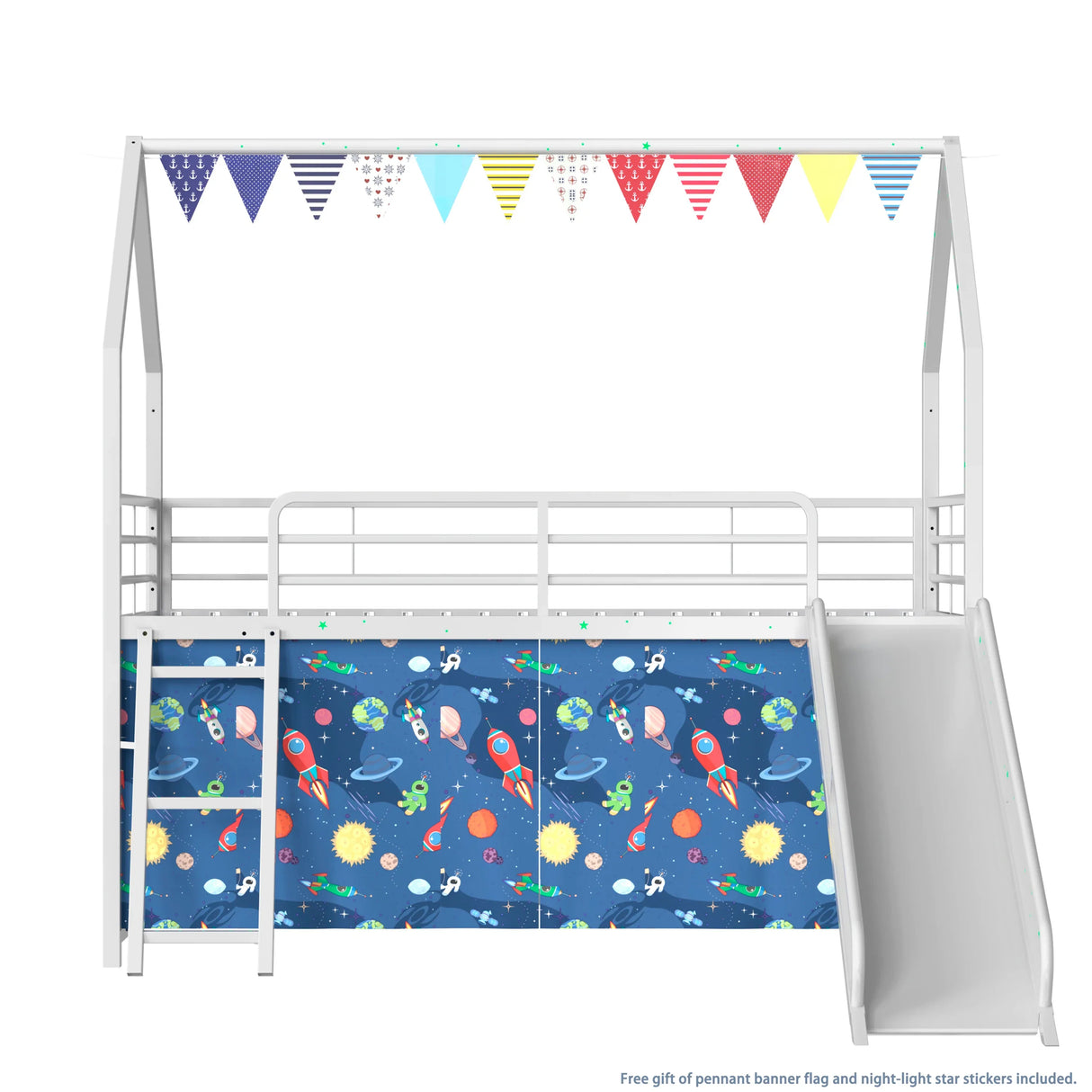 Twin Metal Junior House Loft Bed With Slide And Curtain Set - Omega Lifestyles