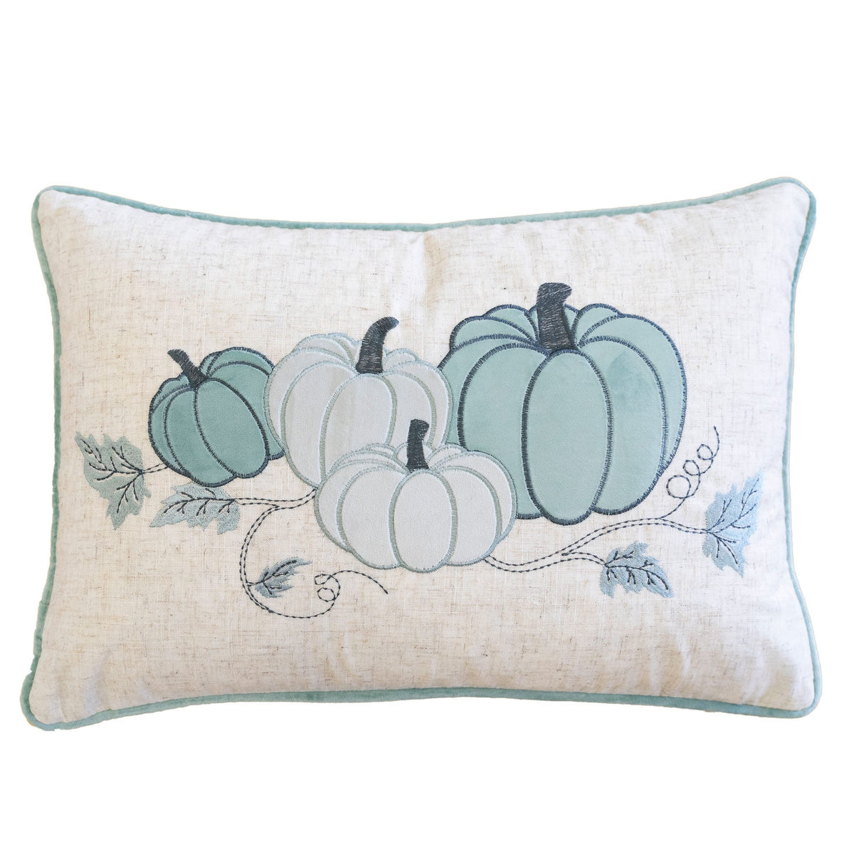 Embroidered Pumpkin Misty Blue Lumbar Throw Pillow