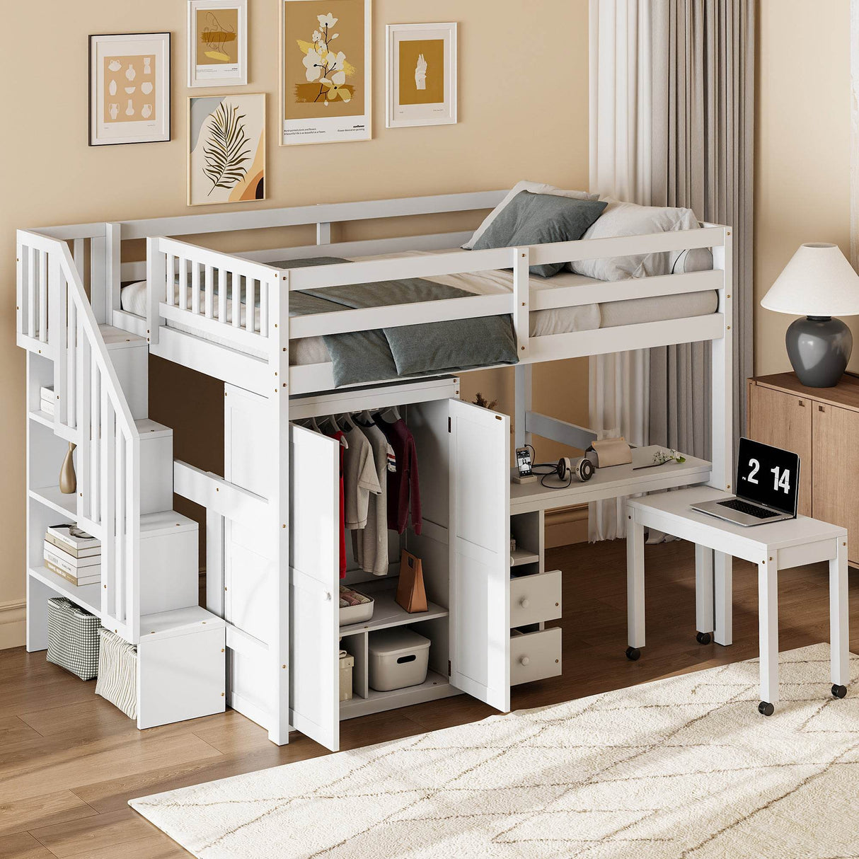 Full Full Size Loft Bed With Stairs Desk And Storage - Omega Lifestyles