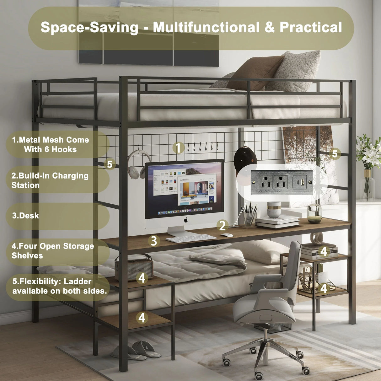 Full Over Twin Metal Bunk Bed With Desk Charging Station - Omega Lifestyles