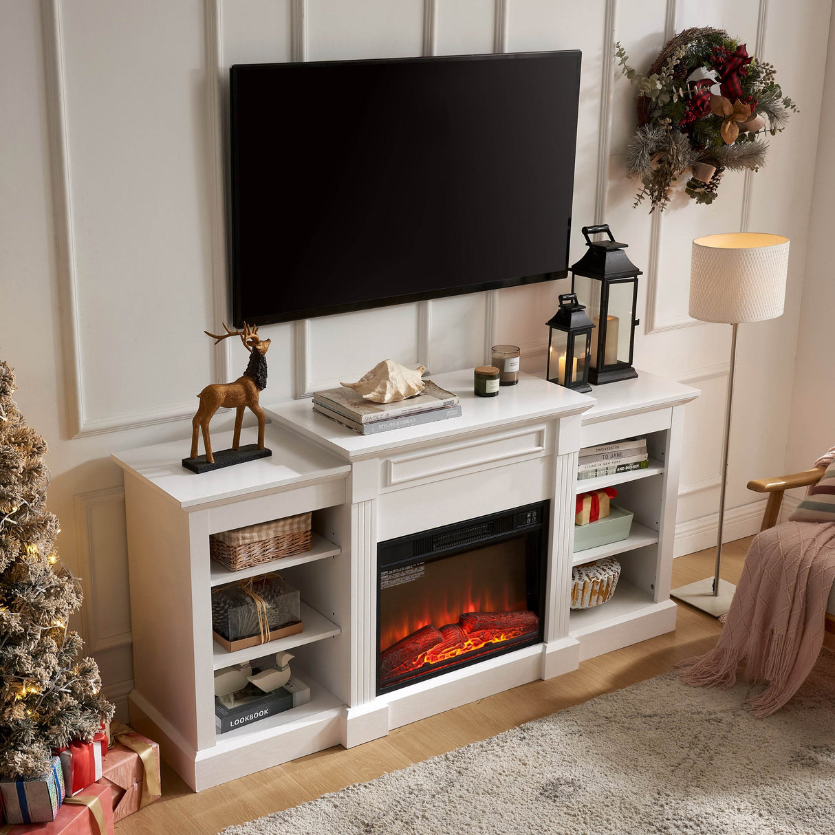 White Media Console Table With Fireplace Insert - Sleep Galleria