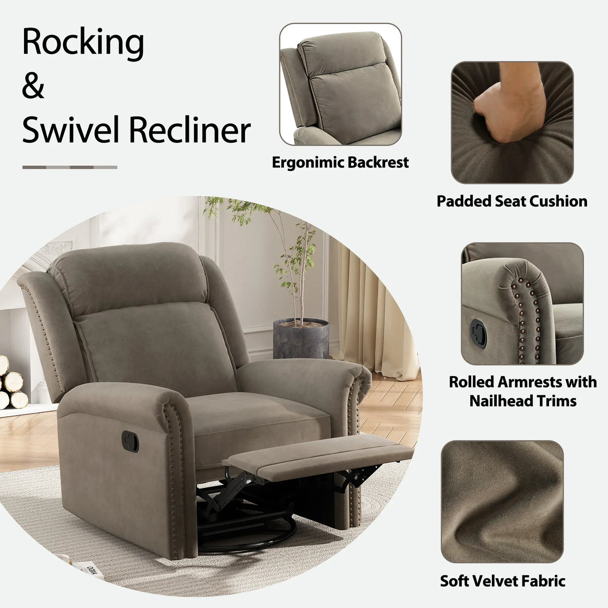 Light Brown Velvet 360° Swivel Adjustable Backrest Recliner - Omega Lifestyles