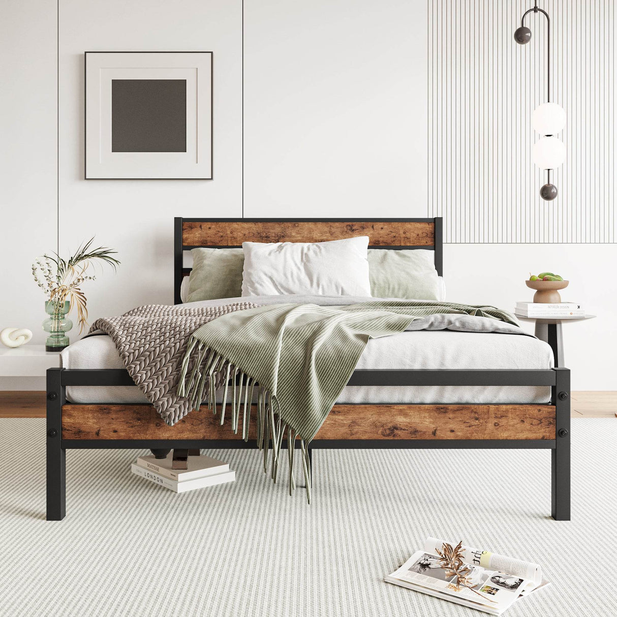 Full Full-Size Industrial Metal And Wood Platform Bed Frame - Omega Lifestyles
