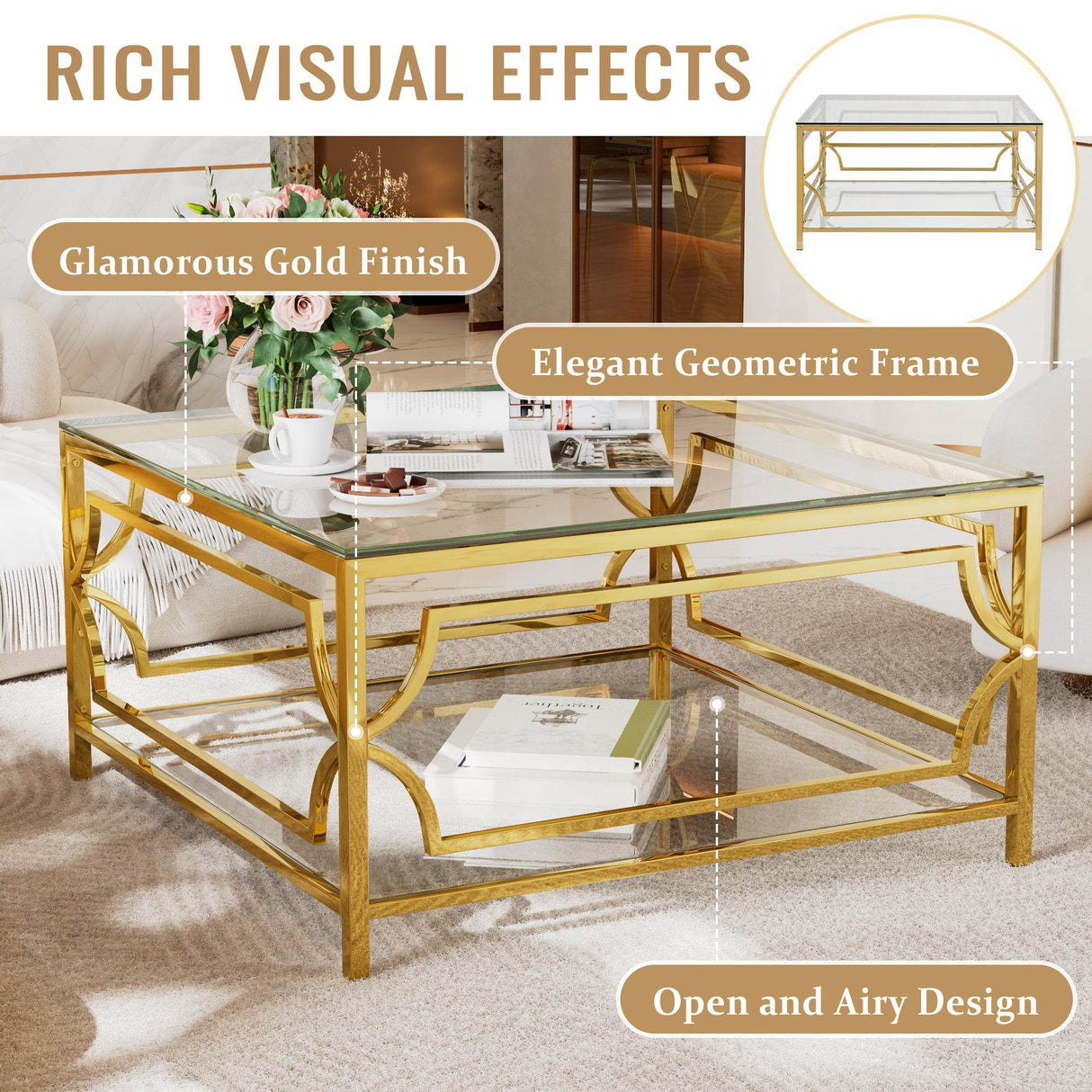 Square Tempered Glass Coffee Table With Gold Frame - Sleep Galleria