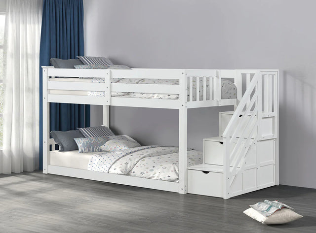 Transitional White Solid Pine Low Twin Over Twin Bunk Bed - Omega Lifestyles