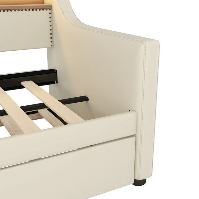 Twin PU Leather Daybed With Trundle Charging Station LED Light - Omega Lifestyles