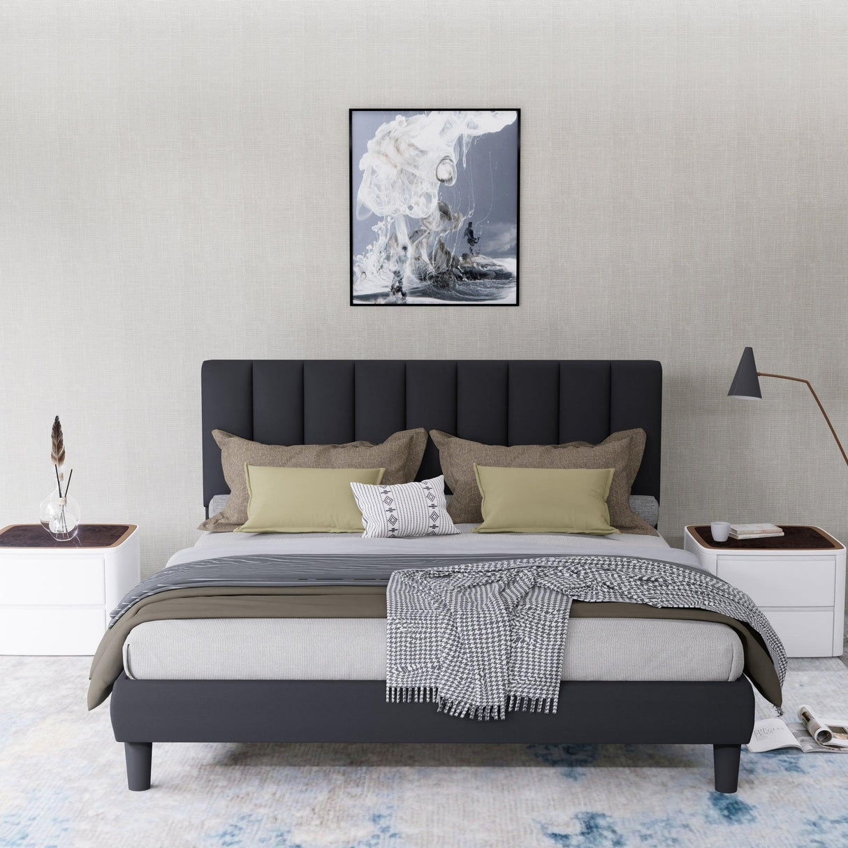 Full Size Upholstered Velvet Platform Bed Frame With Adjustable Headboard - Omega Lifestyles