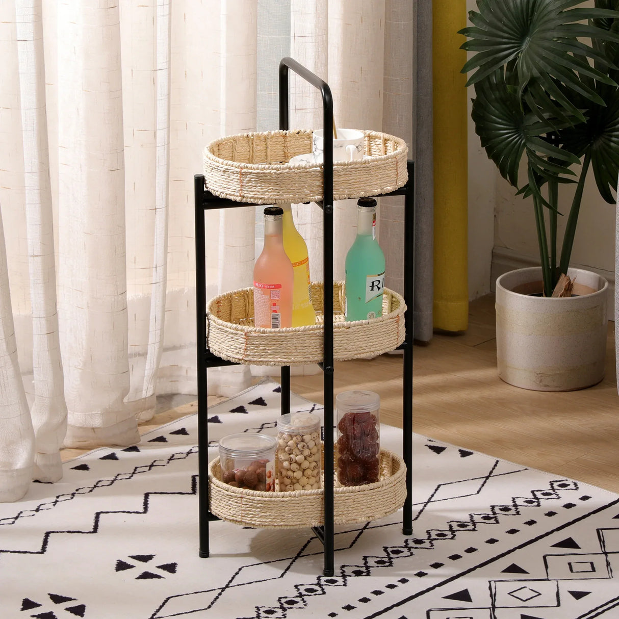 Farmhouse 3-Tier Handwoven Paper Rope Side Table - Omega Lifestyles
