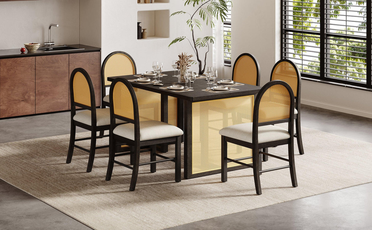 7-Piece Farmhouse Dining Table Set With Rattan Chairs - Omega Lifestyles