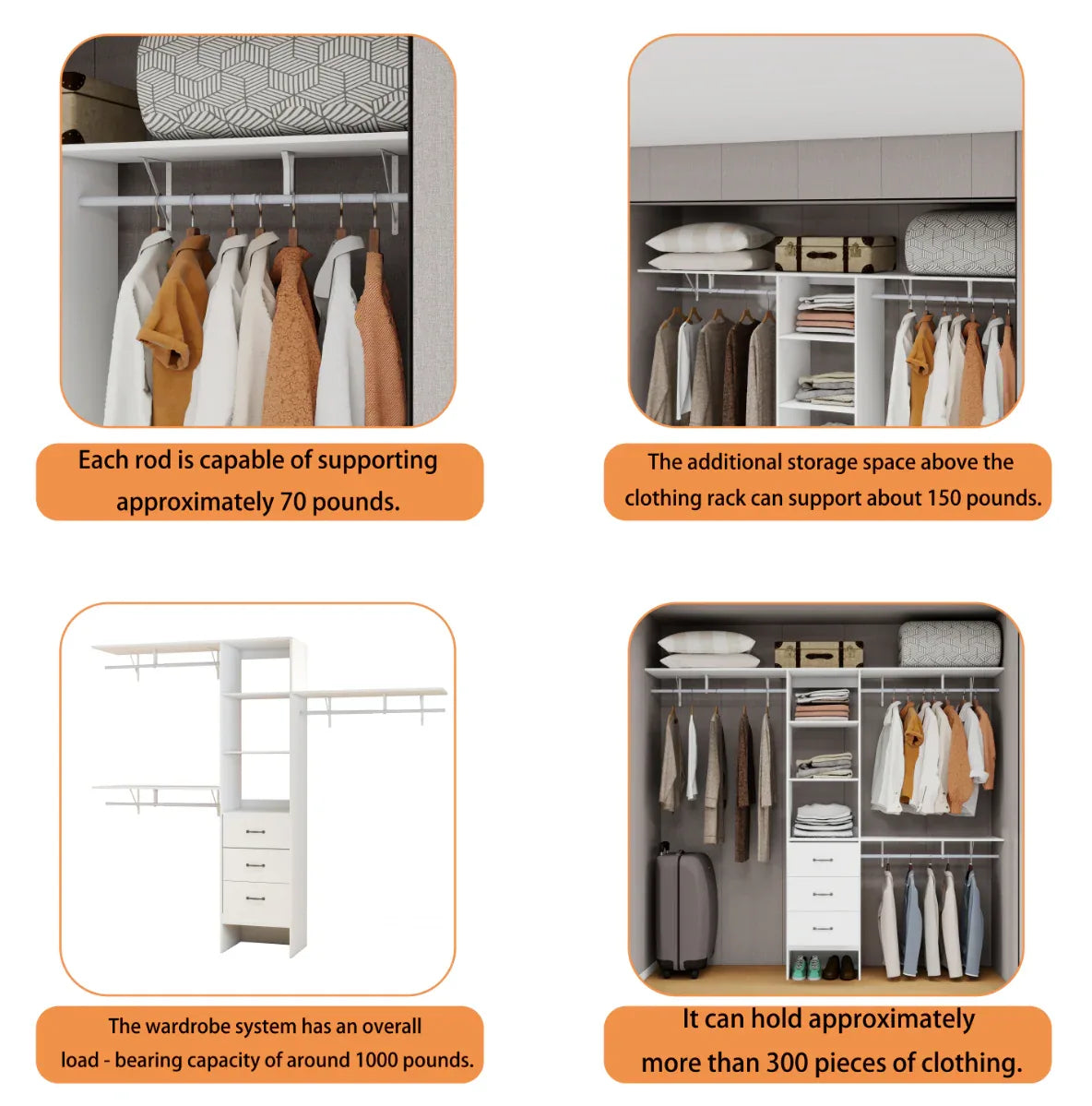 96-Inch White Adjustable Wood Metal Closet Organizer System - Omega Lifestyles