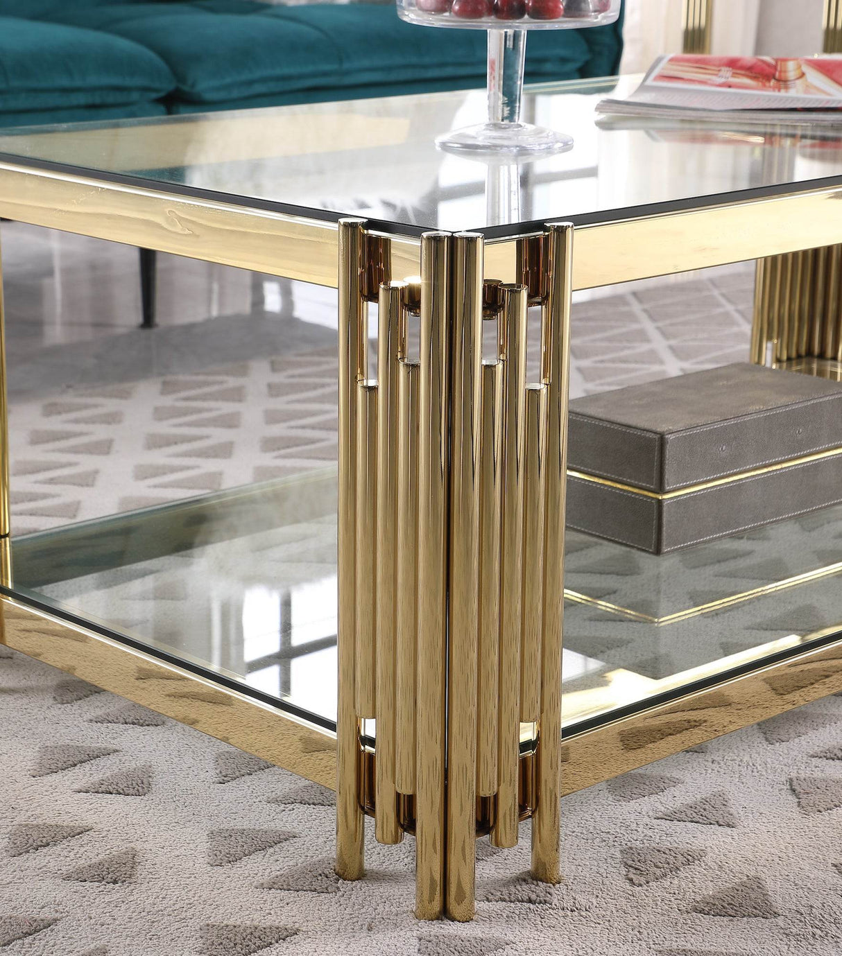 Rectangular Tempered Glass Coffee Table With Golden Stainless Steel Legs - Sleep Galleria