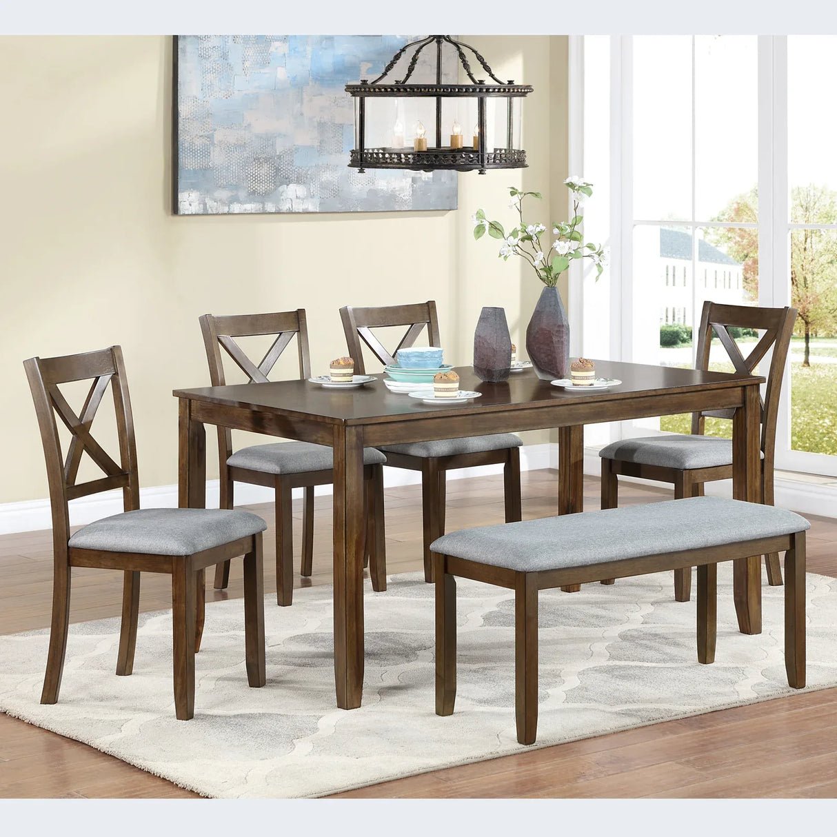 6-Piece Walnut Acacia Wood Dining Table Set With Bench - Omega Lifestyles