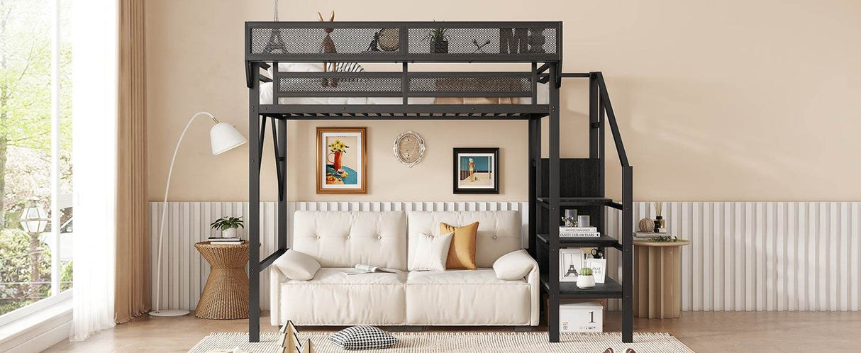 Twin Metal Loft Bed With Stairs Storage Shelves - Omega Lifestyles