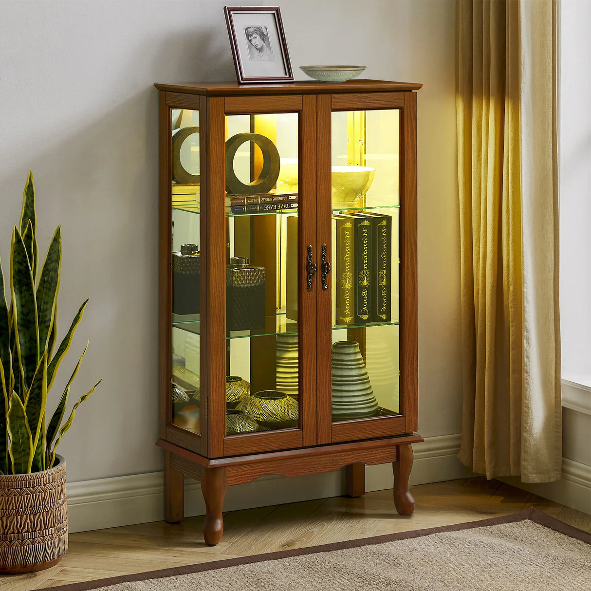 Lighted Oak Curio Cabinet With Adjustable Tempered Glass Shelves - Omega Lifestyles