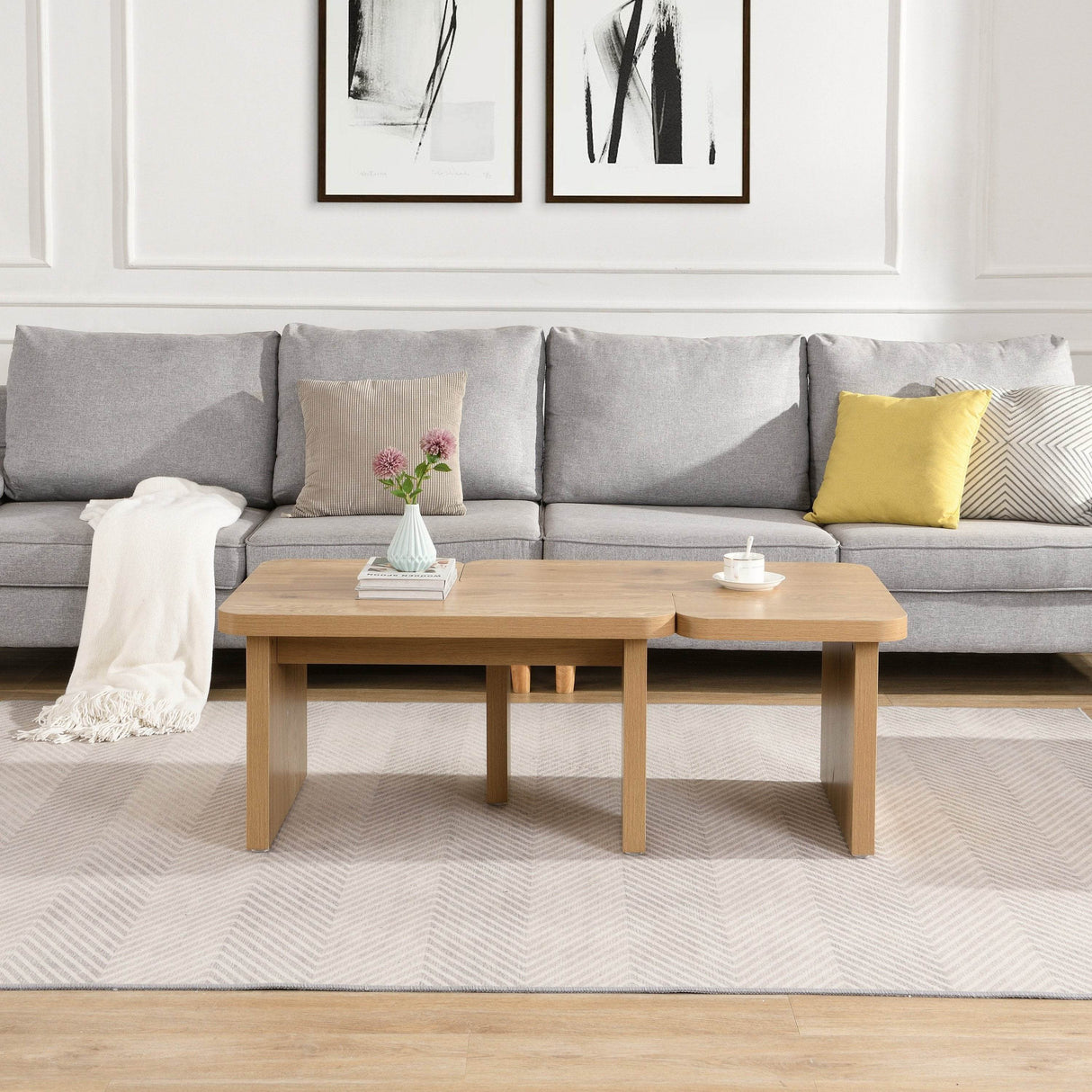 L-Shaped Oak MDF Detachable Farmhouse Coffee Table - Sleep Galleria